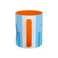 Princess Cat Illustration Accent Coffee Mug | Blue Striped Ceramic