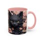 Black Cat & Pink Roses Accent Coffee Mug  11/15oz Floral Cat Art