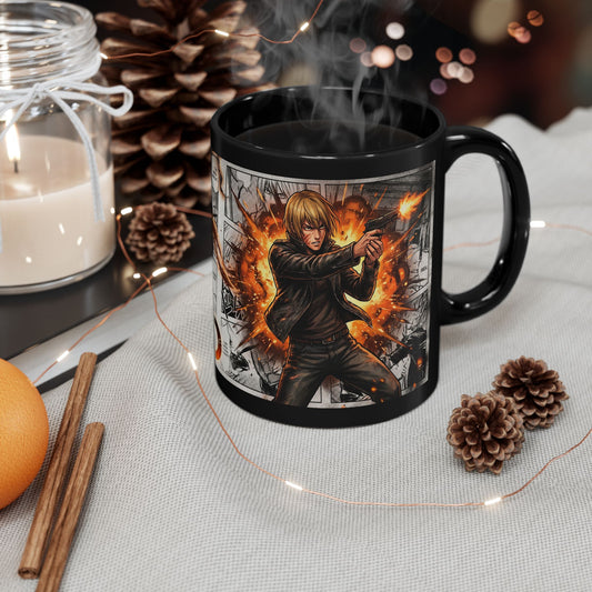 Anime Action Black Mug — Fiery Shooter Graphic (11oz & 15oz)