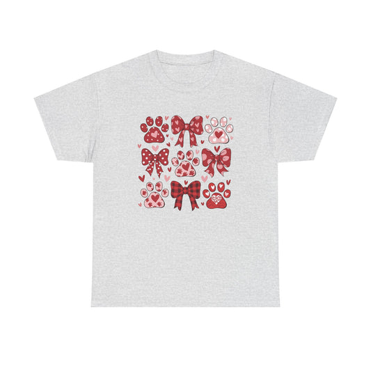 Red Paw Prints and Bows Tee | Cute Cat Dog Paw Heart Pattern
