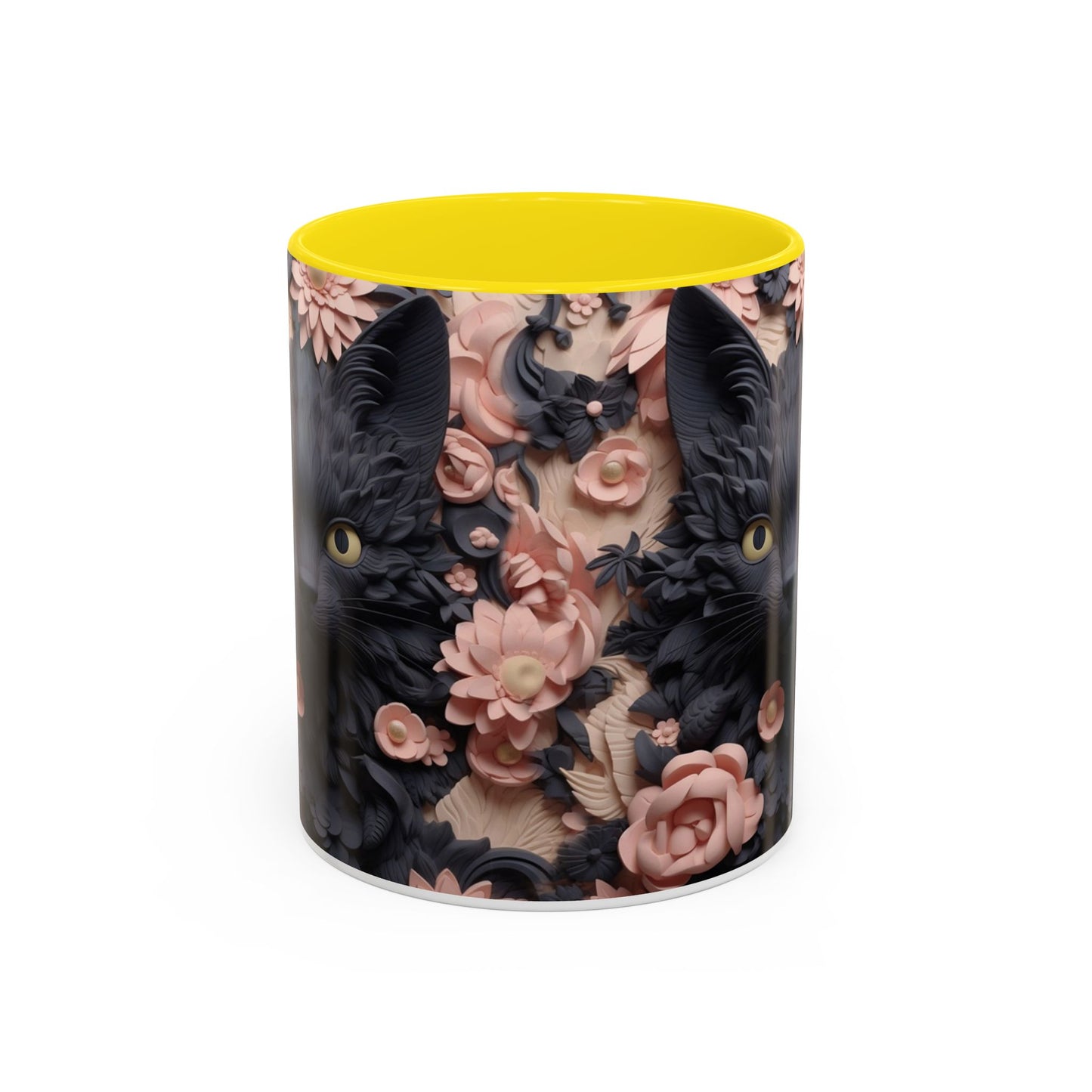 Black Cat & Pink Roses Accent Coffee Mug  11/15oz Floral Cat Art