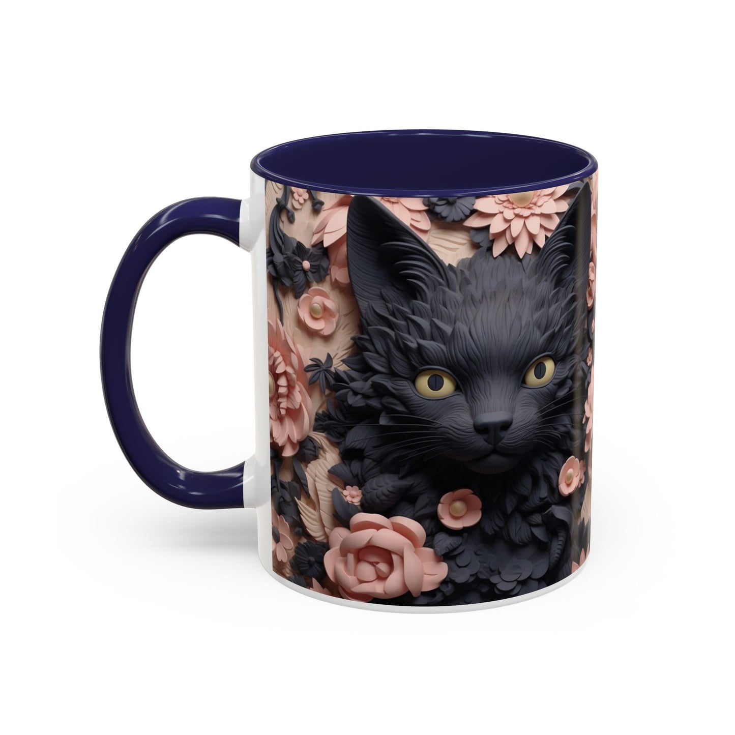Black Cat & Pink Roses Accent Coffee Mug  11/15oz Floral Cat Art
