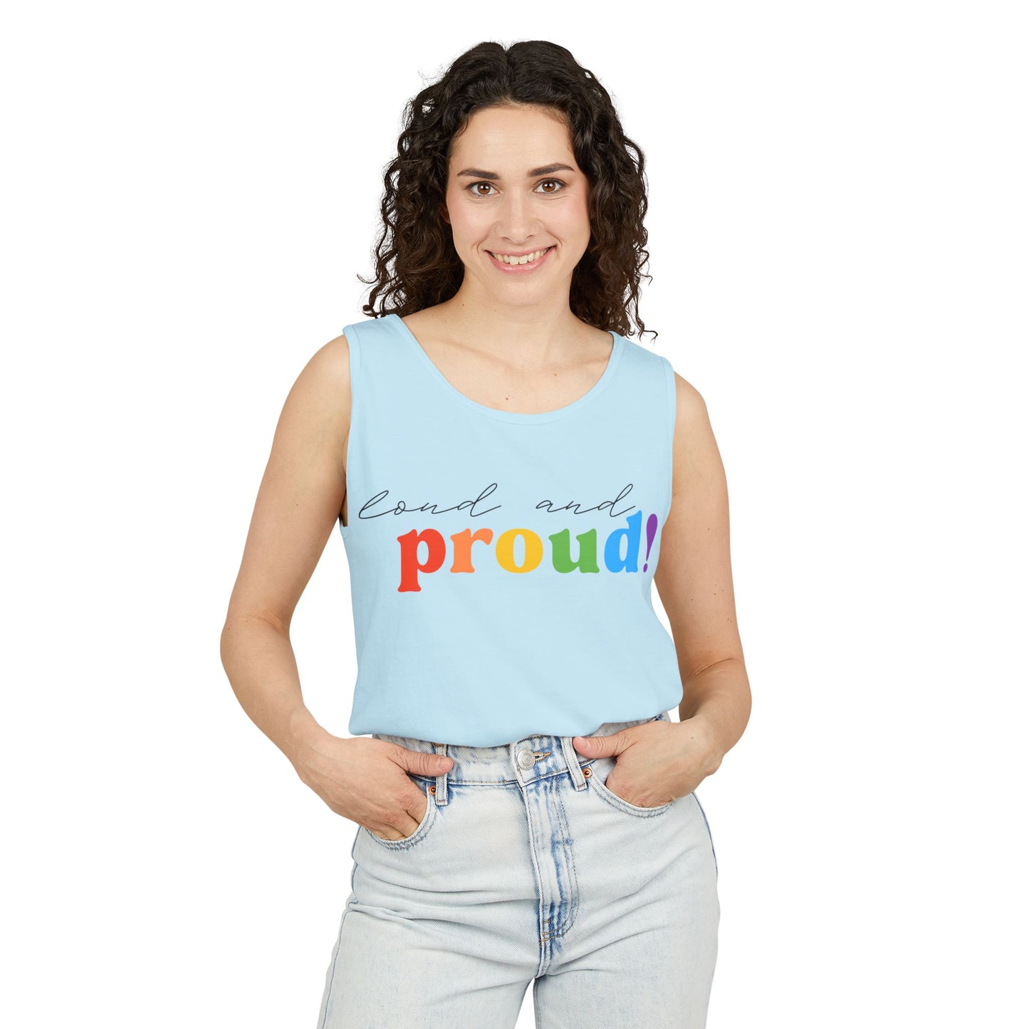 loud and proud! rainbow text Tank Top | Pride LGBTQ+ apparel