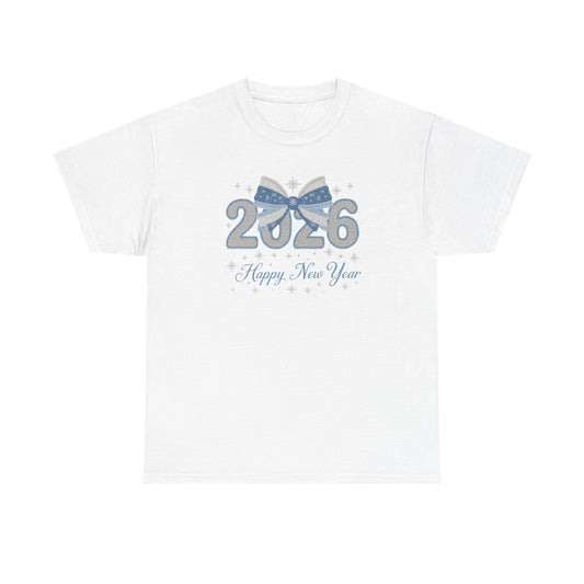 2026 Happy New Year Tee Festive Blue Bow New Year T-Shirt