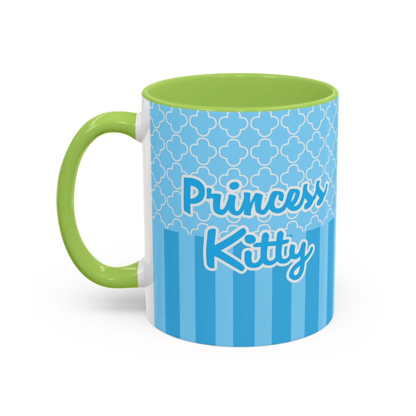 Princess Cat Illustration Accent Coffee Mug | Blue Striped Ceramic