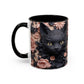 Black Cat & Pink Roses Accent Coffee Mug  11/15oz Floral Cat Art