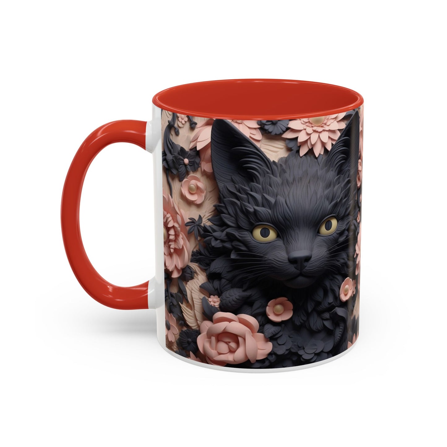 Black Cat & Pink Roses Accent Coffee Mug  11/15oz Floral Cat Art