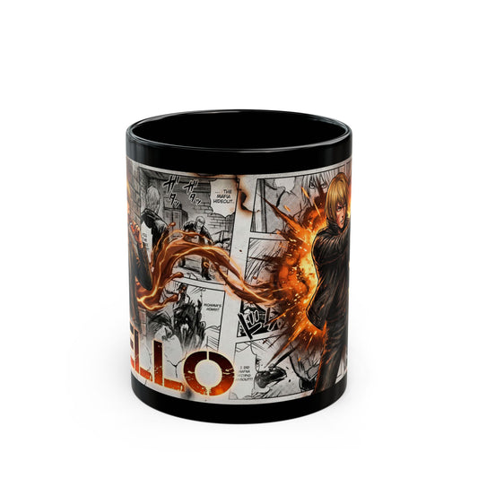 Anime Action Black Mug — Fiery Shooter Graphic (11oz & 15oz)