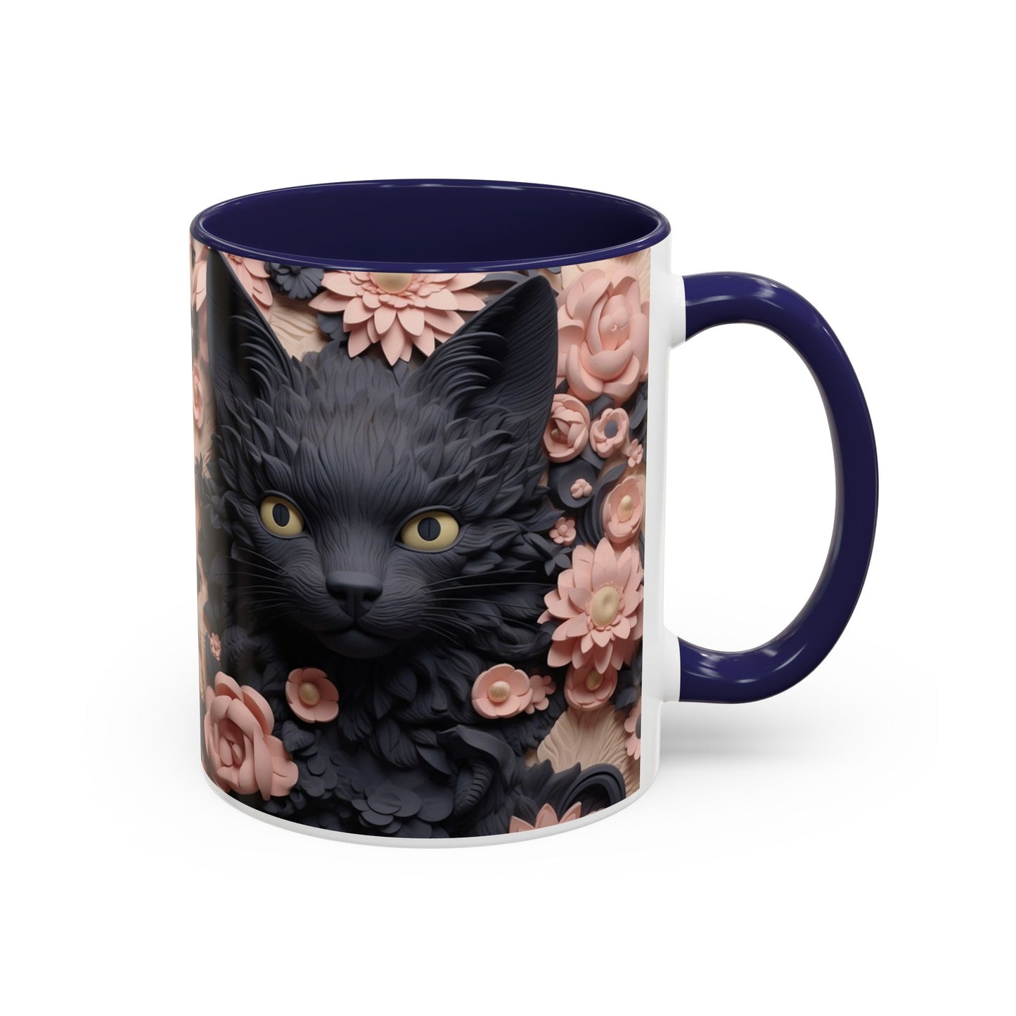Black Cat & Pink Roses Accent Coffee Mug  11/15oz Floral Cat Art