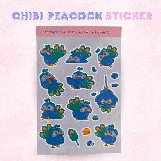 Chibi Peacock Sticker Sheet | Planner Laptop Decal, Waterproof Vinyl Birds