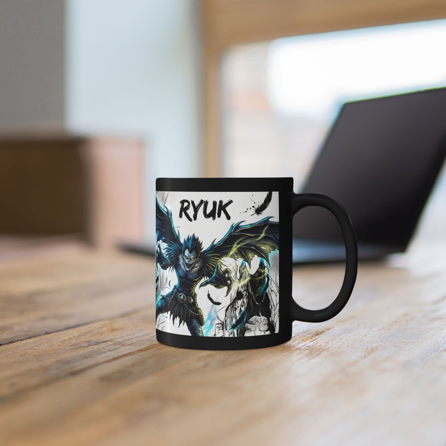 Death Note Demon Illustration Detail on Black Ceramic Mug