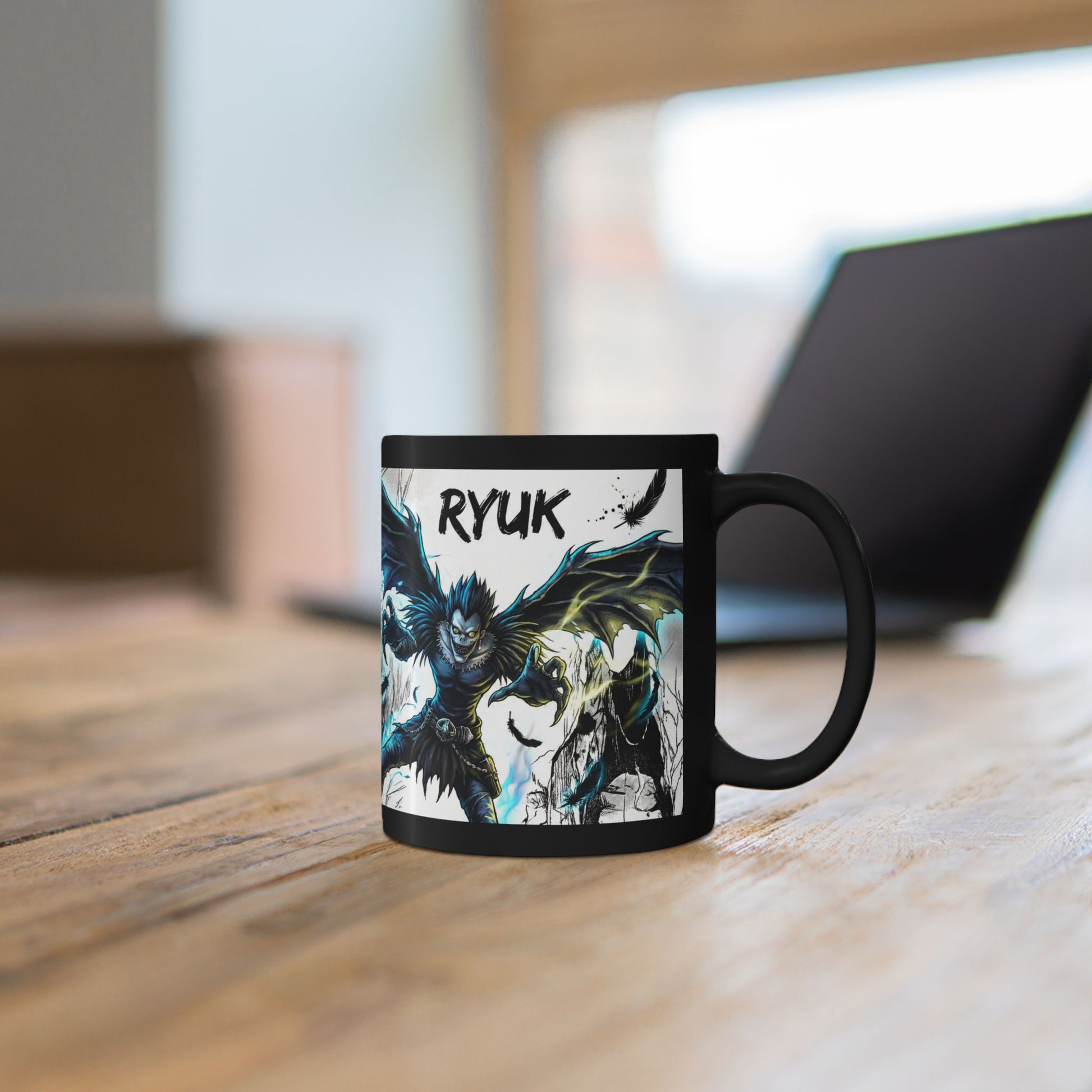 Death Note Demon Illustration Detail on Black Ceramic Mug
