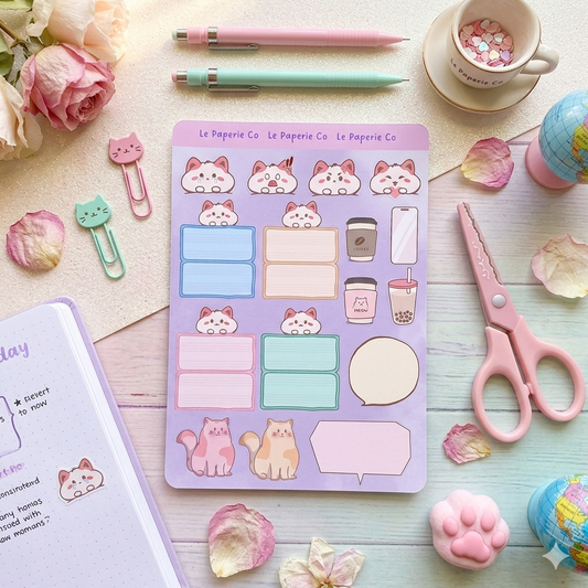 Kawaii Cat Writable Sticker Sheet | 4x6in. Journaling, Planner, Scrapbooking