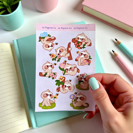 Kawaii Sloth Sticker Sheet | Pastel Sloth Decals, Laptop Decor (4x6 Inch)