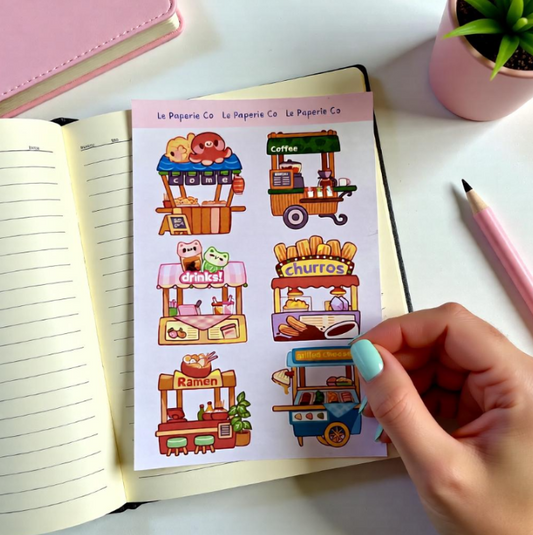 Kawaii Food Stands Sticker Sheet | Planner Laptop Decal (4x6 Inch)