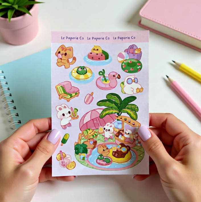 Kawaii Summer Sticker Sheet | Pastel Beach, Pool, Sun Characters