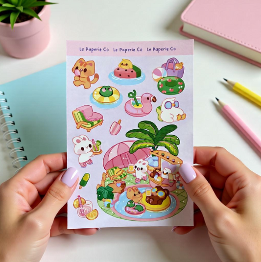 Kawaii Summer Sticker Sheet | Pastel Beach, Pool, Sun Characters