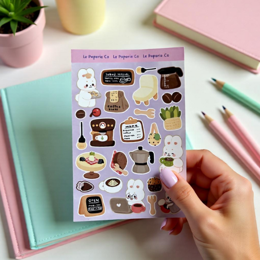 Cafe Bunny Sticker Sheet | Kawaii Coffee Bunny Decal (4x6 inches)