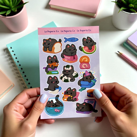 Chibi Cat Sticker Sheet | Kawaii Feline Laptop Decal, Planner Accessory