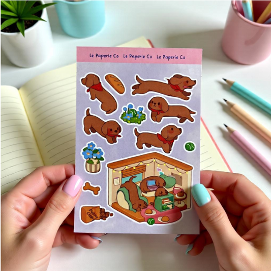 Chibi Dachshund Sticker Sheet | Planner Laptop Decal, Waterproof Vinyl Dog Art