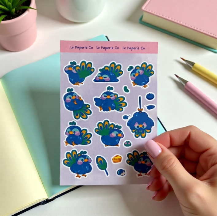 Chibi Peacock Sticker Sheet | Planner Laptop Decal, Waterproof Vinyl Birds