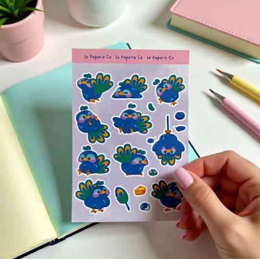 Chibi Peacock Sticker Sheet | Planner Laptop Decal, Waterproof Vinyl Birds